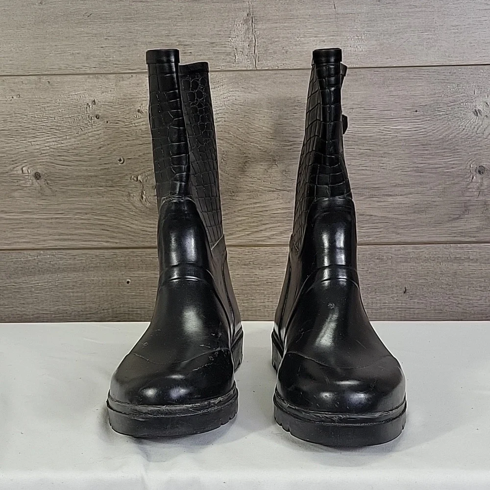 Womens Michael Kors Black Exotic Print Rain Boots Size 9